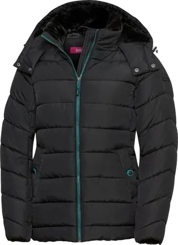 Belmina Damen Steppjacke mit abnehmbarer Fellkapuze, leichte & warme Übergangs- und Winterjacke, kurz & figurfreundlich, windabweisend & pflegeleicht, schwarz, Gr. 46