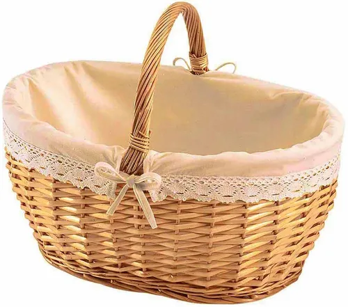 Kobolo Dekokorb Weidenkorb mit Henkel und Häkelborte - Dekokorb aus strapazierfähiger Weide mit romantischem Textil und Häkelborte, ideal für stilvolle Aufbewahrung oder als Einkaufskorb.