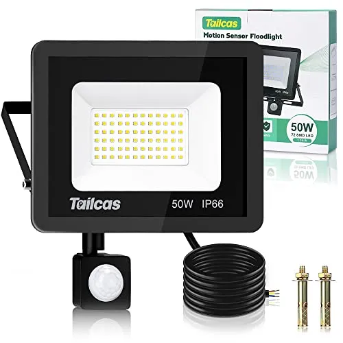 Tailcas LED Strahler mit Bewegungsmelder Außen 50W, 6500K 4500LM Kaltweiß | 72 LEDs Superhell LED Fluter, IP66 Wasserdicht Flutlichtstrahler Scheinwerfer Licht Wandleuchte für Hof, Garage, Garten