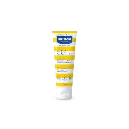 Mustela Sonnenmilch Spf 50, Gesicht, Körper, mit Avocado-Perseose, Babys, Kinder, ganze Familie, für die Schwangerschaft geeignet - sehr hoher UVB- und UVA-Schutz (40ml)