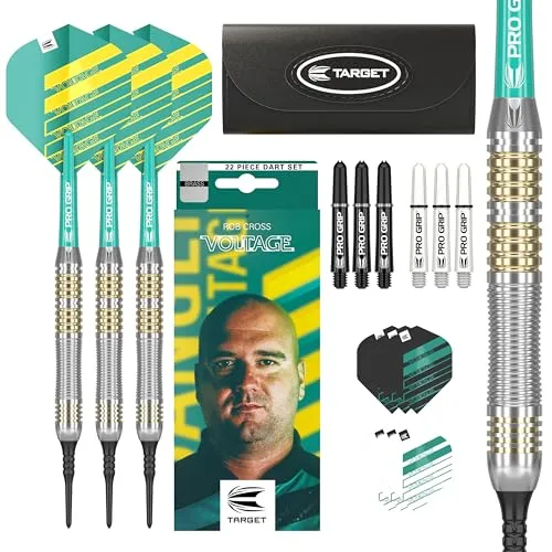 Target Darts Rob Cross 18 g Softdarts aus Brass – Dartpfeile mit Kunststoffspitze | Dartpfeile für elektronische Dartscheiben | Premium Dart Set inkl. Flights, Pro Grip Schäfte & Dart Wallet