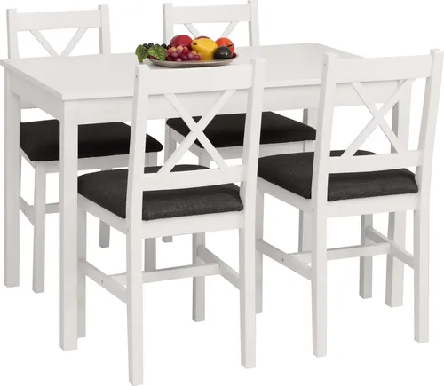 Esszimmer-Set MCW-F77 - Massivholz Sitzgruppe im Landhausstil - Stilvolles Esszimmer-Set mit 4 gepolsterten Stühlen und Tisch aus massivem Kiefernholz. Ideal für gemütliche Familienabende und pflegeleicht im Alltag.