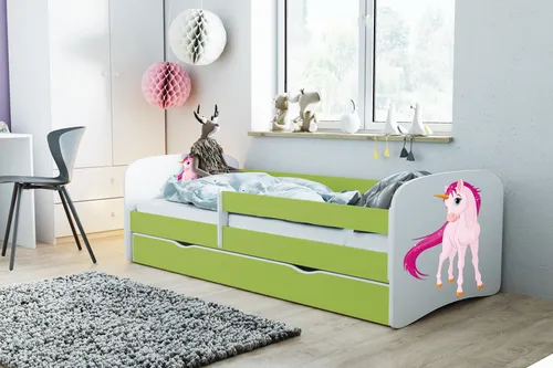 Kinderbett Jugendbett 70x140 cm Grün mit Matratze Rausfallschutz Schublade und Lattenrost Kinderbetten für Mädchen und Junge - Einhorn_2