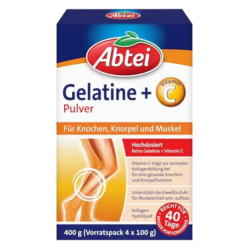 Abtei Gelatine Pulver Plus - reine Gelatine und Vitamin C für Knochen, Knorpel und Muskeln - hochdosiert - 400 g (4 x 100 g) - Vorratspack für 40 Tage