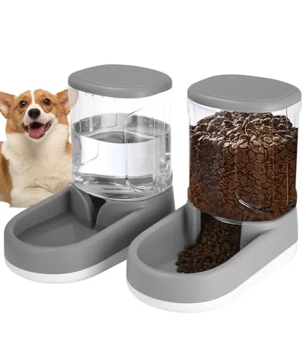 Automatischer Futterspender Katze, Hunde, 2 X 3,8 L, Wasserspender Katzen und Hund, 2-in-1 Katzenfutter, Wasserspender für Kleine, Mittelgroße und große Haustiere (Grau)