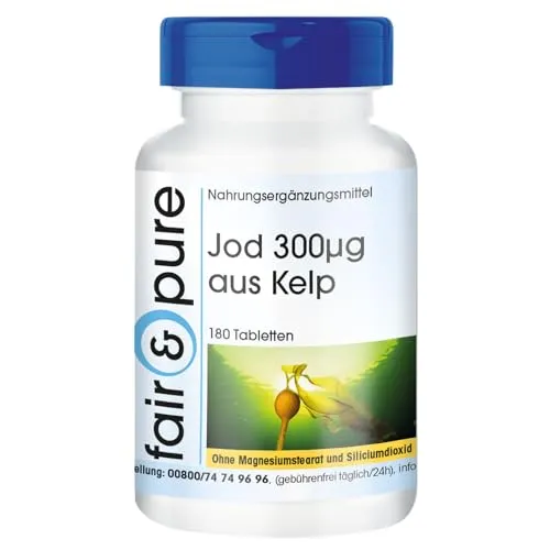 Fair & Pure Jod 300µg aus Kelp, 180 Tabletten, Nahrungsergänzungsmittel vegan ohne Magnesiumstearat, in Deutschland hergestellt