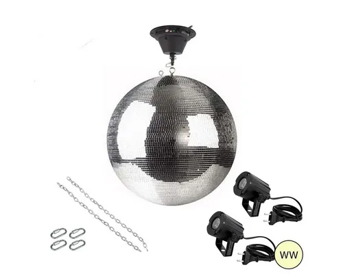 SATISFIRE Discolicht Spiegelkugel Komplettset 50cm mit Motor, 2 x LED Pinspot (warmweiss)
