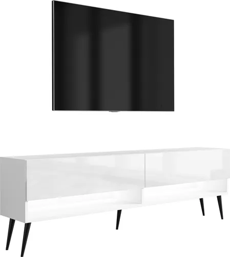 TV-Lowboard 170 cm Mattweiß / Hochglanzweiß, schwarze schräge Beine, weiße LED, 170 × 32 × 52 cm