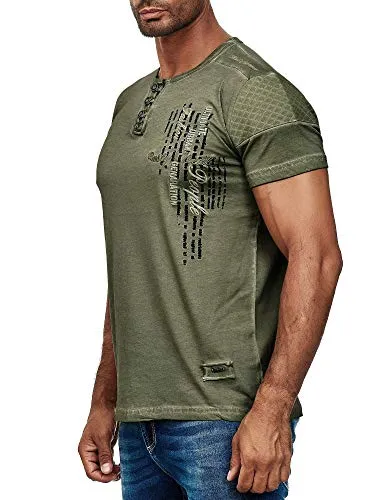 R-Neal Herren T-Shirt Verwaschen mit Knopfleiste und Seitlichem Aufdruck Freizeit Kurzarm-Shirt S - 4XL 6784, Farbe:Khaki, Größe:2XL
