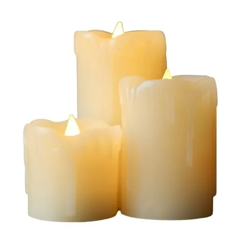 Festive Lights 3er Set batteriebetriebene Echtwachs Kerzen mit Wachstropfen Batterien enthalten LED Kerzen flackernde Flamme elektrische Kerzenset flackernd Elfenbeinfarben