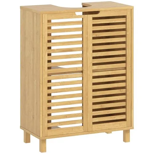 HOMCOM Waschbeckenunterschrank Badezimmer Unterschrank aus Bambus Badezimmerschrank mit 2 Lamellentüren und verstellbarem Einlegeboden, Waschtischunterschrank, Natur, 60 x 30 x 80 cm