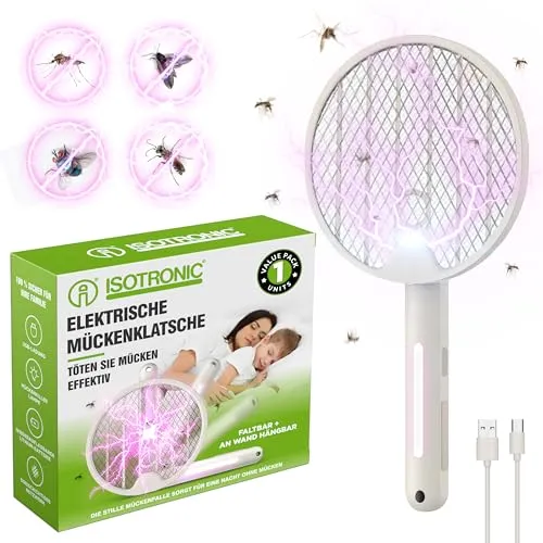 ISOTRONIC Elektrische Fliegenklatsche - Effektive Insektenabwehr für drinnen und draußen - Tötet fliegende Insekten wie Mücken und Fliegen schnell und leise, ideal für Schlafzimmer, Küche und Garten.