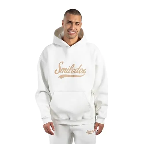 Smilodox Hoodie Lorik, Oversize Kapuzenpullover mit großem Frontprint auf der Brust weicher und flauschiger Stoff Kängurutasche Pulli Alltag Streetstyle beige S
