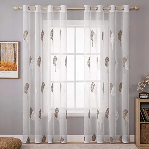 MIULEE Wohnzimmer Vorhänge Transparent mit Kaffee und Weiss Blätter Muster, Modern Stickerei Gardinen Ösen für Schlafzimmer Deko, 2er Set Schöne Blätter Muster Vorhang Fenster H 260 x B 140