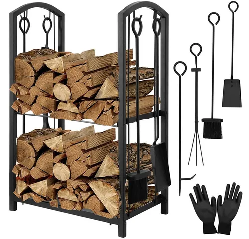 Melko Kaminholzregal mit Kaminbesteck - Kaminholzregal aus robustem Stahl, rostfrei und korrosionsbeständig. Inklusive 4-teiligem Kaminwerkzeug-Set und Handschuhen, ideal für den Innen- und Außeneinsatz.