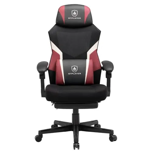 GTPLAYER Gaming Stuhl mit Fußstütze, ergonomischer Bürostuhl mit Netzrückenlehne, Schreibtischstuhl Gaming Sessel aus Stoff für Zuhause und Büro rot