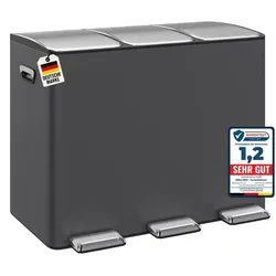 WELLGRO Treteimer 3x15L Grau – Edelstahl mit Softclose & Pedal - Praktisches Mülltrennsystem mit 3 Fächern (15L je Fach) für eine effiziente Abfalltrennung in der Küche. Der elegante Edelstahl-Treteimer überzeugt durch hygienische Bedienung und leisen Softclose-Deckel.