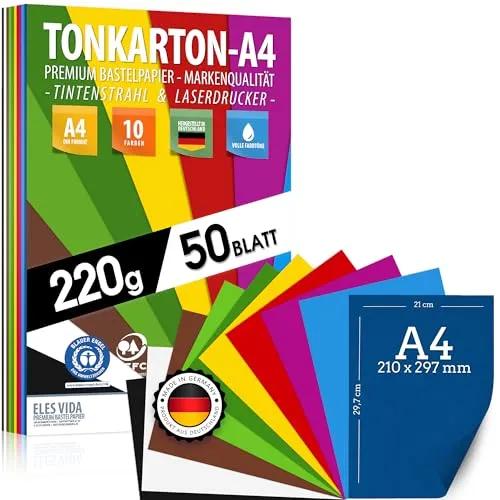 TONKARTON A4 50 Blatt - 220g/m² stark - 10 Bunt Farben Set – Karton Pappe, Farbige Blätter für Schule, Hobby, DIY Bogen, Basteln Zubehör Fotoalben - BLAUER ENGEL & PEFC zertifiziert - MADE IN GERMANY