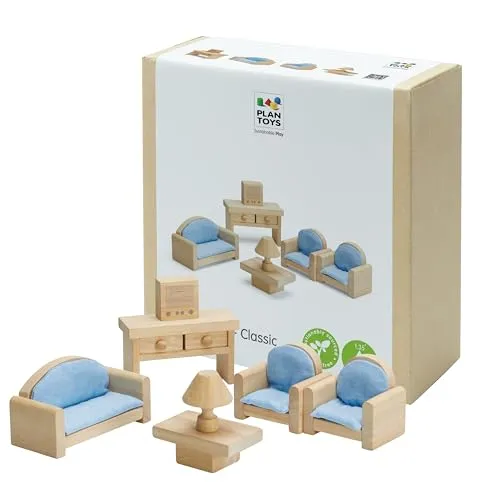 Plan Toys 39901510 - Wohnzimmer - Kreatives Puppenhaus-Zubehör aus hochwertigem Holz, ideal für fantasievolles Spielen und langlebigen Spaß. Perfekt für kleine Architekten!