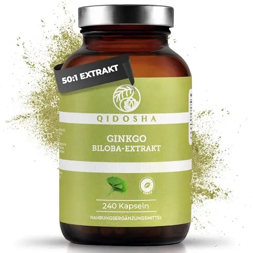 QIDOSHA® Ginkgo Biloba 50:1 Extrakt Kapseln, TESTSIEGER 07/23*, 240 Stk im Glas, deutsche Fertigung, vegan, laborgeprüft, ohne Füllstoffe, NEUE DOSIERUNG & KAPSELMENGE