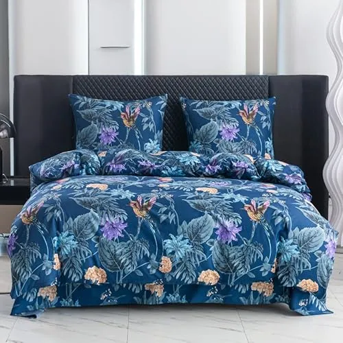 Cotton Market Bettwäsche 200x200 cm - Bettwäsche Mikrofaser Baumwolle - Herbst Bettwäsche-Sets 3 Teilig mit Reißverschluss - Blumen Bettbezug mit 2 Kissenbezug 70x80 cm - Kolibri/Blau