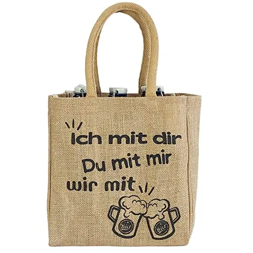 Domelo Jute Flaschentasche. Geschenke für Männer. Bierträger/Flaschenträger mit Trennwänden für 6 Flaschen. kleine Einkaufskorb. Lustige witzige Bier Männerhandtasche (Natur/Ich mit dir)
