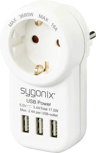 Sygonix SY-4755856 Zwischensteckdose mit USB Weiß - Praktische Zwischensteckdose mit 3 USB-Lade-Ports für gleichzeitiges Laden von Geräten. Ideal für Büro und Zuhause, versorgt auch herkömmliche Geräte wie Drucker und Leuchten mit Strom.