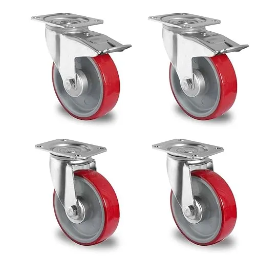 Rollensatz 2 Lenkrollen mit Feststeller + 2 Lenkrollen 125 mm Polyurethan rot