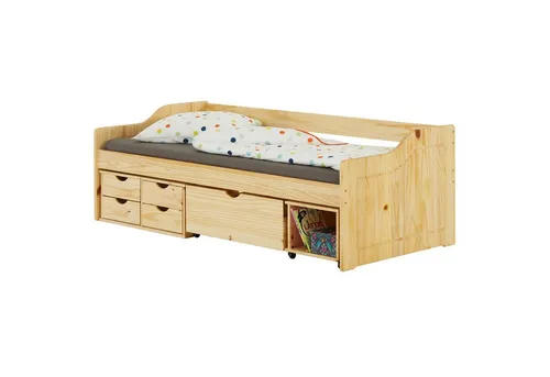 IDIMEX Funktionsbett SENTA, 90x200 cm mit Stauraum - Betten für Kinder und Jugendliche, aus massivem Kiefernholz gefertigt, bietet viel Stauraum mit 4 Schubladen und 2 Rollschubkästen, ideal für ein modernes Zimmer.