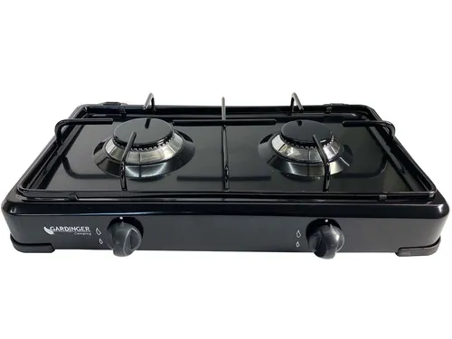 Duo Base Campingkocher Schwarz – Zweiflammig, Mobil und Robust - Kompakter Campingkocher mit zwei Brennern für Propangasflaschen. Ideal für Outdoor-Aktivitäten, windstabil und standfest für sicheres Kochen unterwegs.
