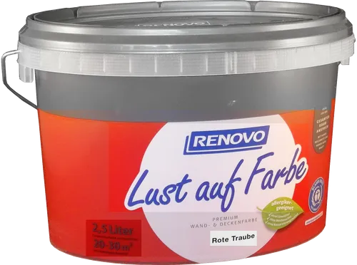 Renovo Lust auf Farbe Rote Traube 2,5 L - Premium-Dispersionsfarbe in trendiger roter Traube, ideal für kreative Wand- und Deckenprojekte mit matter Oberfläche.