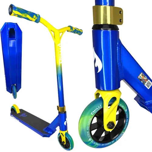 Chilli Pro Jumpstart S Stunt-Scooter H=71cm transparent Blau/Gelb - Der Chilli Pro Jumpstart S Stunt-Scooter (H=71cm) ist ideal für Einsteiger im Freestyle-Scooten. Leicht, stabil und mit anpassbaren Morphing-Handgriffen ausgestattet, bietet er Komfort und Kontrolle für erste Tricks.