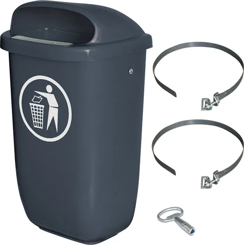 50 Liter Müllbehälter anthrazit Komplettset mit Schellenband - Haushaltszubehör: Witterungsbeständiger 50 Liter Abfallbehälter mit verriegelbarem Deckel und Schellenband zur flexiblen Befestigung an Pfählen oder Zäunen.
