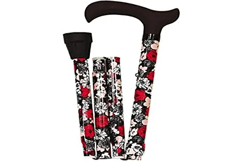 Faltbarer Aluminium Gehstock mit roten Blumen - Gehstöcke: Moderner, höhenverstellbarer Gehstock mit neun Designs, leicht und geräuscharm, ideal für stilbewusste Nutzer.