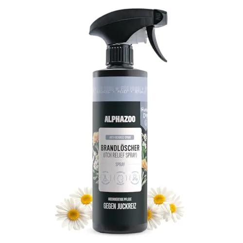 alphazoo Brandlöscher Anti-Juckreiz-Spray für Hunde 500ml – mit Kamille & Ringelblume. Pflegendes Spray, Alkohol- & parabenfrei, zur Unterstützung empfindlicher Haut & zur Linderung von Irritationen