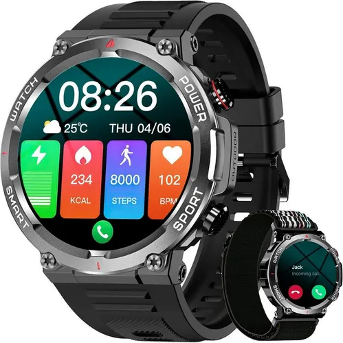 IOWODO Herren's und Damen's Fitness-Tracker IP68 Wasserdicht Telefonie Smartwatch (3.5 cm/1.39 Zoll, Android iOS), mit Bluetooth Anruffunktion 24/7 SpO2 + Schlafanalyse, 100 Sportmodi
