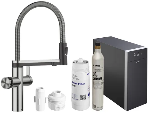 Blanco Choice Icona Trinkwasserarmatur mit Kühl- & CO?-Einheit - 6-in-1 Spültischarmatur für kaltes, warmes, kochendes sowie gekühltes, sprudelndes Wasser. Mit umstellbarer Pendelbrause und intuitiver Touch-Bedienung für höchsten Komfort.