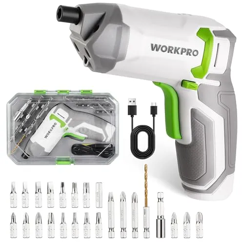 WORKPRO 3,6V Mini Exzenter-Akkuschrauber, Schrauberset mit 2000mAh Akku, 240RPM und 7Nm, ausgestattet mit LED-Licht, 24-teiligem Zubehör und Aufbewahrungskoffer, für Heimwerker und DIY-Projekte, Weiß