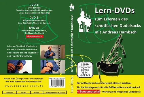 DVD Dudelsack Lern DVDs - Griffweise und Fingertechnik - DVDs zur Dudelsackausbildung, empfohlen von Profis. Ideal für Anfänger bis Fortgeschrittene, mit umfassenden Erklärungen und Übungen zur Griffweise und Fingertechnik.