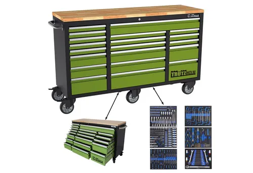 TRUTZHOLM Werkstattwagen Mobile Werkbank Deluxe XXL - Robuster Werkzeugwagen mit 20 Schubladen, Anti-Rutschmatten und Zentralverriegelung. Ideal für Ordnung in der Werkstatt, ausgestattet mit 6 leichtlaufenden Rädern und einer massiven, lackierten Holzarbeitsfläche.
