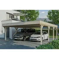 Skan Holz Carport Grunewald 622 cm x 796 cm mit Aluminiumdach - Doppelcarport aus unbehandeltem Leimholz, ideal für zwei Fahrzeuge mit stabilen 12 cm x 12 cm Pfosten und witterungsbeständigem Aluminiumdach.