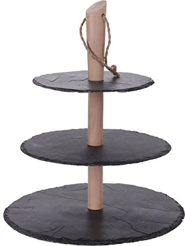 Spetebo Schiefer Etagere 36 cm - 3 Platten - Servierplatte mit Holzständer - Etagenständer 3-stöckig