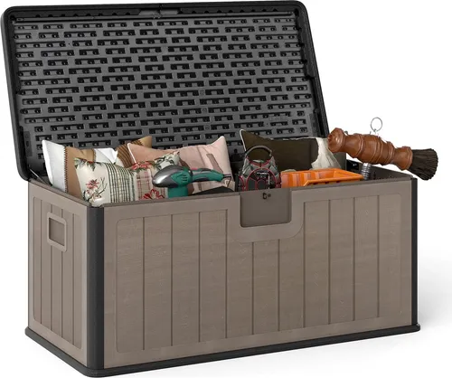 GOPLUS 378 L Gartenbox – Wasserdichte Auflagenbox mit abschließbarem Deckel - Große 378 L Kapazität für Kissen und Zubehör, tragbar bis 181 kg. Hergestellt aus robustem HDPE-Material, ideal für den Außenbereich. Einfache Montage und Reinigung, bietet zusätzlichen Sitzplatz.