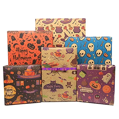 Halloween Geschenkpapier, Recycling Kraft Geschenkpapier, 12 Blatt 50x70cm Braunes gefaltetes Papier mit Halloween Bändern und Aufklebern für alle Halloween Gelegenheiten