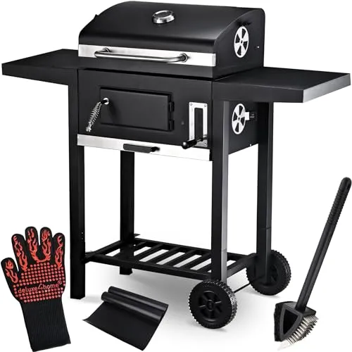 deluxe4home® Grillwagen XXL Holzkohlegrill mit Deckel - Grills von deluxe4home®: XXL Holzkohlegrill mit emaillierter Stahlfläche, mobil mit Kunststoffrädern und integriertem Thermometer für präzises Grillen.