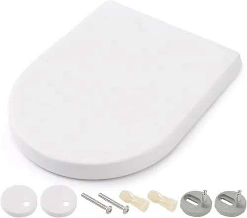 Himimi Toilettendeckel, WC Sitz mit Absenkautomatik, Antibakterielle PP Klobrille D-Form mit Quick-Release-Funktion und Softclose, Einfache Installation und Reinigung, Weiß (450 x 361 x 53 mm)