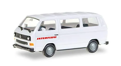 herpa 094658 – VW T3 Bus Interflug, Modell Auto, Modellsammlung, Miniaturmodelle, Fahrzeuge zum Sammeln, Kleinmodell, Sammlerstück, Detailgetreu, Kunststoff, Weiß - Maßstab 1:87, Mehrfarbig