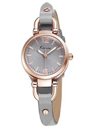 Alienwork Damen Armbanduhr Roségold mit Lederarmband - Elegante Armbanduhr für Damen, angetrieben von Japanischem Quarzwerk, wasserdicht bis 1 ATM und ideal für jeden Anlass. Minimalistisches Design in Roségold und Grau.