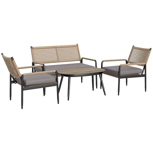 Outsunny Gartenmöbel Set aus Polyrattan - Wetterfestes Lounge-Set für 4 Personen - Unterhaltungsset für die Terrasse: Bequemes, vierteiliges Rattan-Möbelset mit weichen Kissen, ideal für Garten und Balkon. Robuster Stahlrahmen und eleganter Couchtisch mit Glasplatte bieten Stil und Komfort.