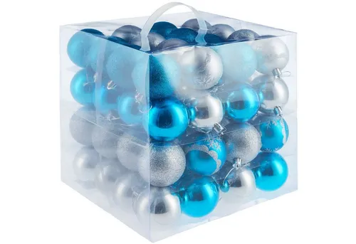 Weihnachtskugeln Silber Blau Kunststoff 64er Set - 6cm Christbaumkugel - 64er Set aus blauen Weihnachtskugeln mit 6 cm Durchmesser, ideal zum Dekorieren Ihres Weihnachtsbaums. Wiederverwendbar und leicht, sorgt für festliche Stimmung.